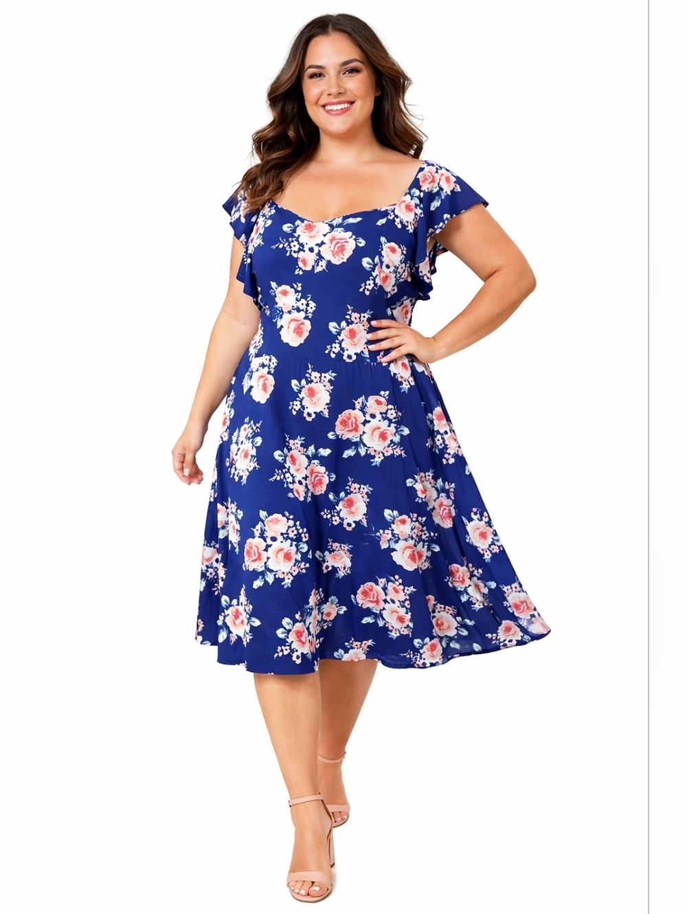 Monteau 2X Blue Pink Floral Wrap Midi Dress Sweetheart Ruffle Sleeve NWOT